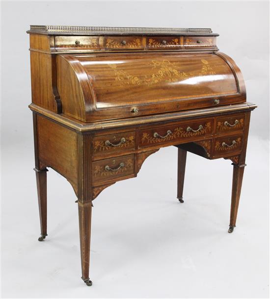 An Edwardian mahogany and marquetry inlaid cylinder bureau, W.3ft 6in.